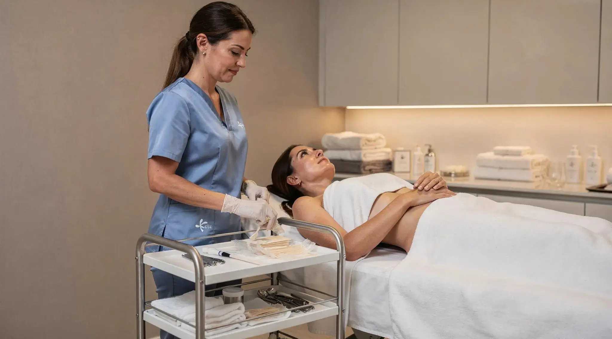 Professional aesthetician performing a Brazilian wax while prioritizing client comfort and technique.