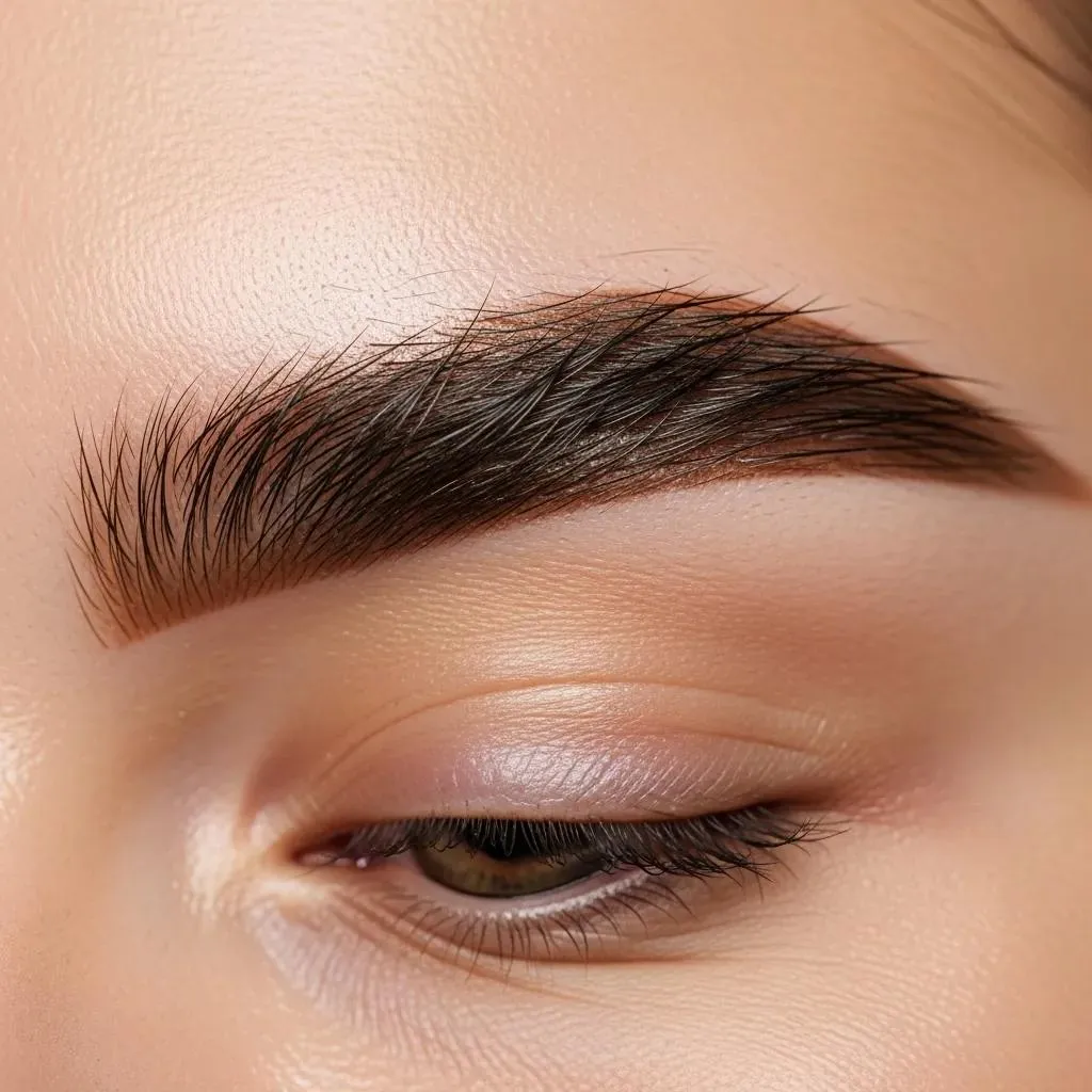 Close-up of tinted eyebrows showing improved shape, color, and fullness