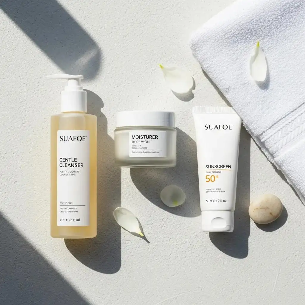 Skincare products for post-facial care displayed in an inviting arrangement