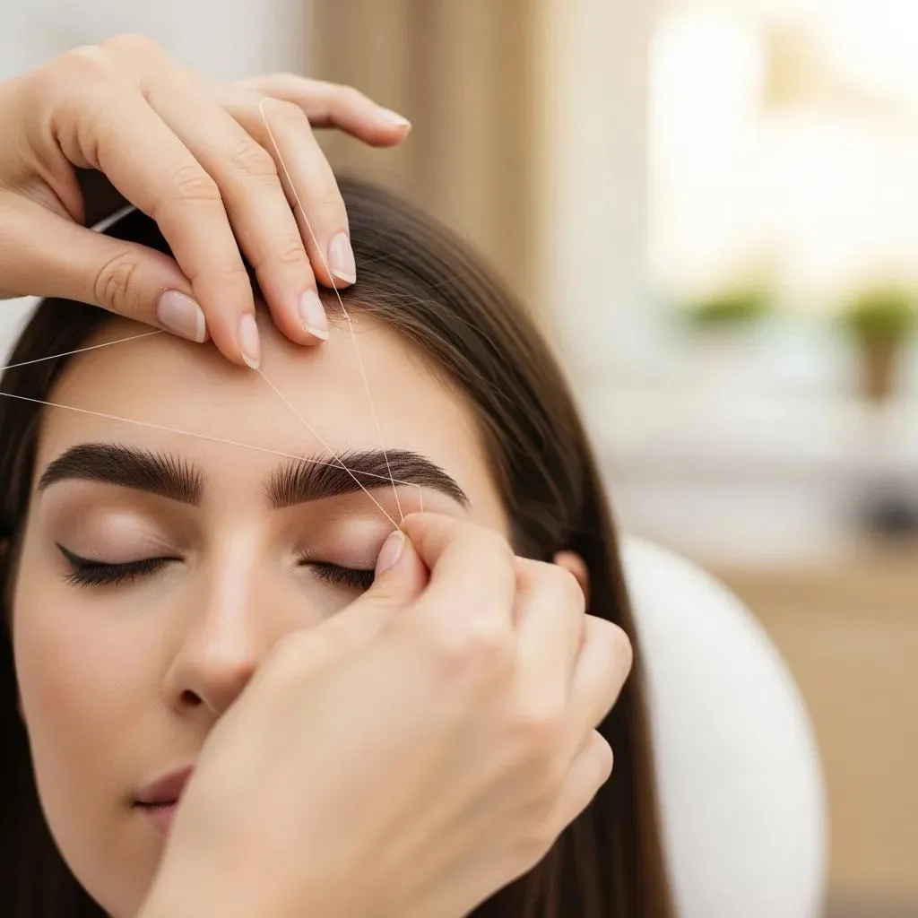 Client receiving eyebrow threading at a salon