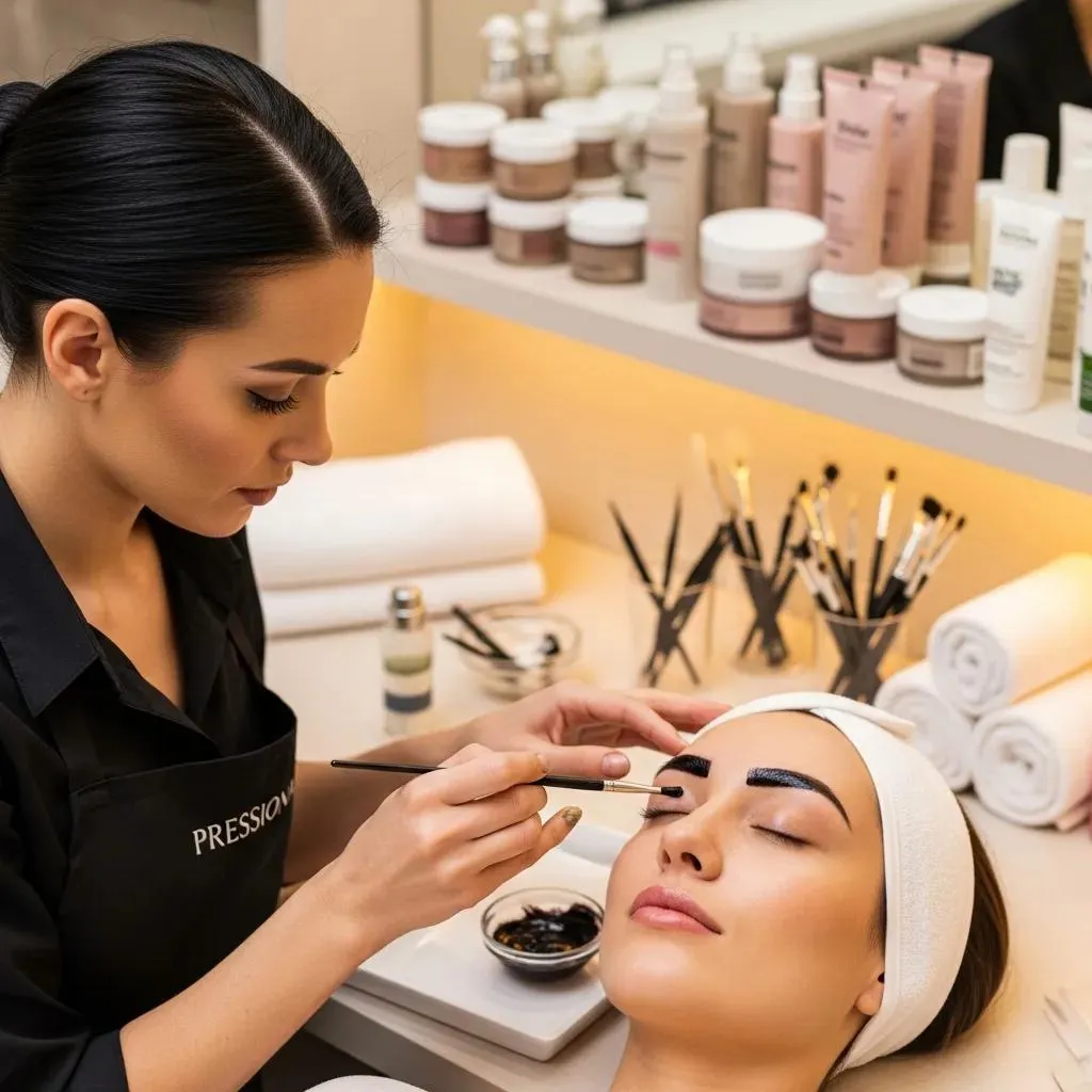 Eyebrow tinting service in a beauty salon with a technician applying tint to a client's brows