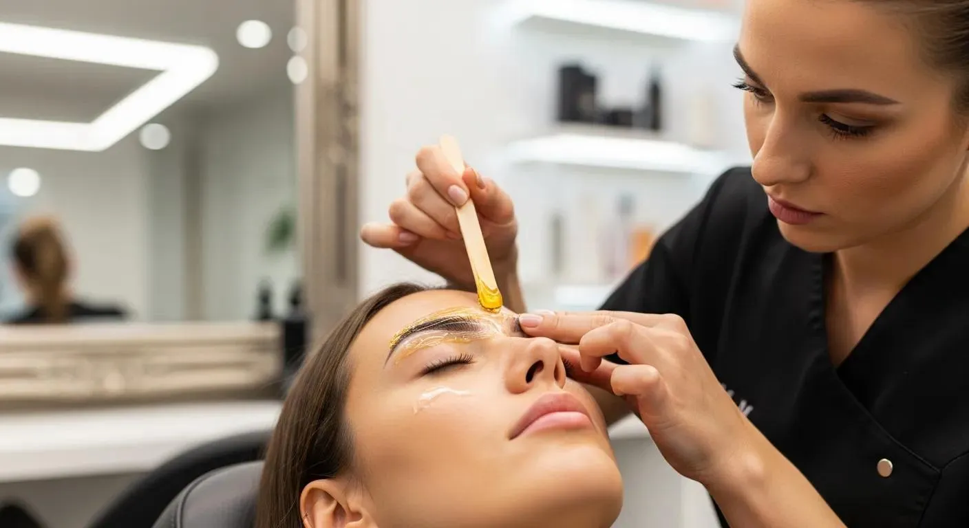 Close-up of a man with well-groomed facial hair and styled eyebrows, showcasing the results of professional waxing and grooming services in a modern salon setting