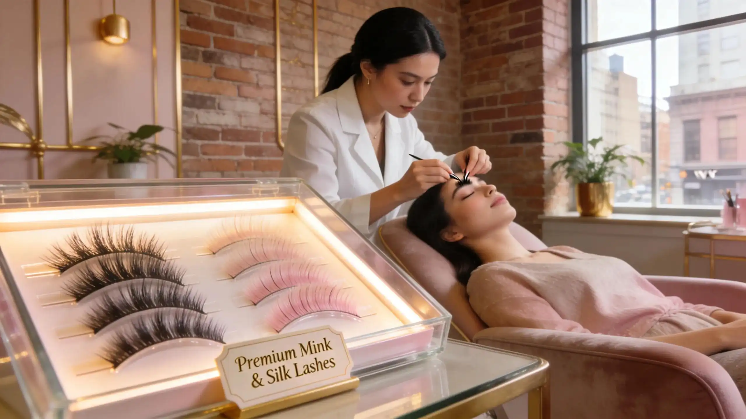 Close-up of mink and silk lash extensions in a beauty salon, showcasing professional application in an inviting atmosphere