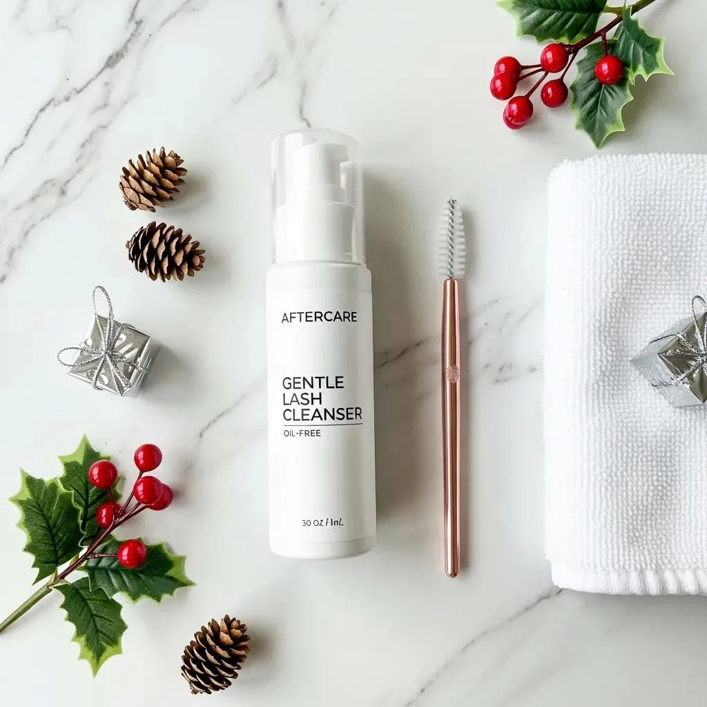 Flat lay of 2024 holiday lash trends including textured volume and color accents, showcasing seasonal styles
