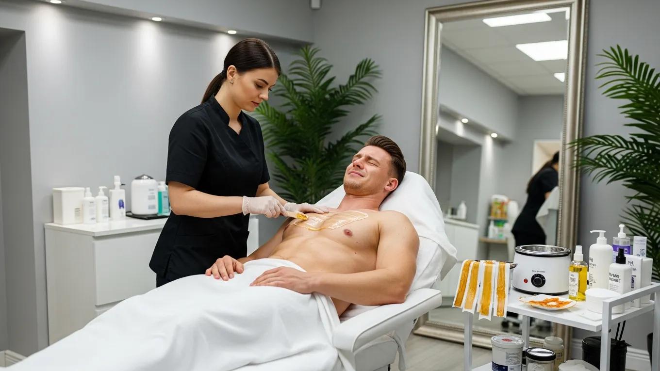 Male model receiving chest waxing in a professional salon