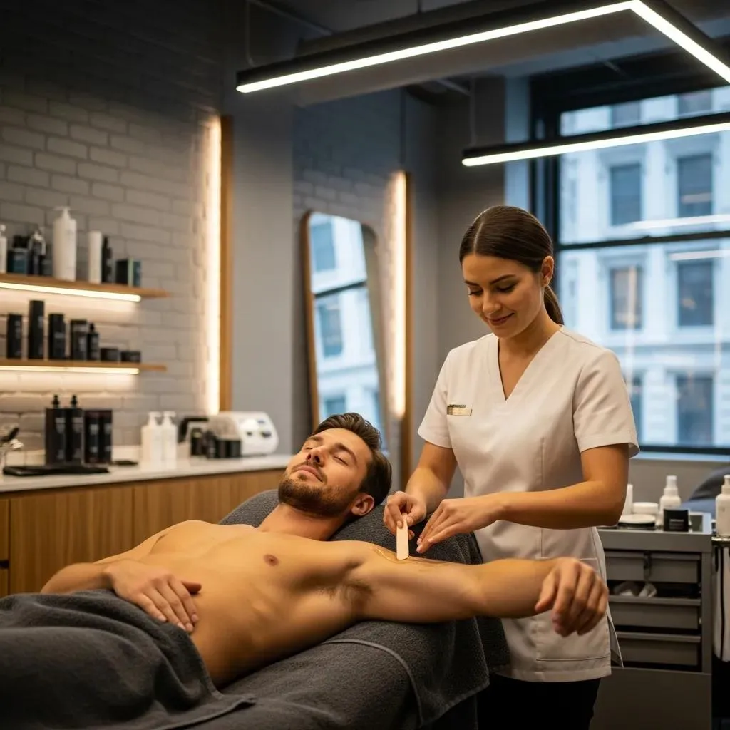 Male client receiving professional body waxing in a modern grooming salon