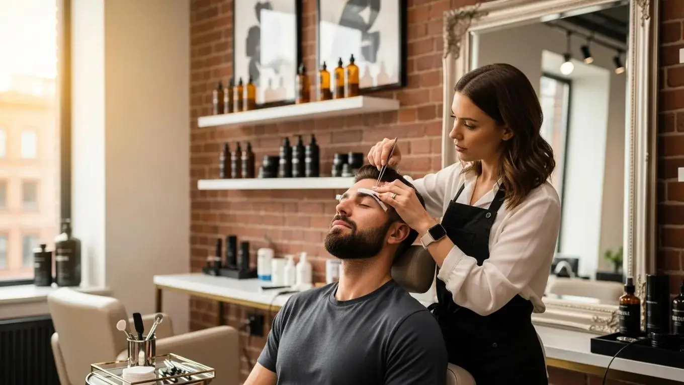 Male client receiving eyebrow grooming in a modern salon