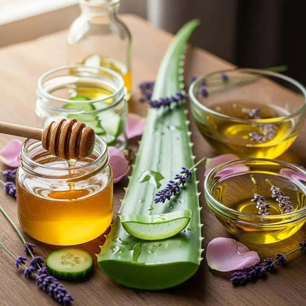 Organic skincare ingredients for winter facials including honey, aloe vera, and essential oils on a wooden table