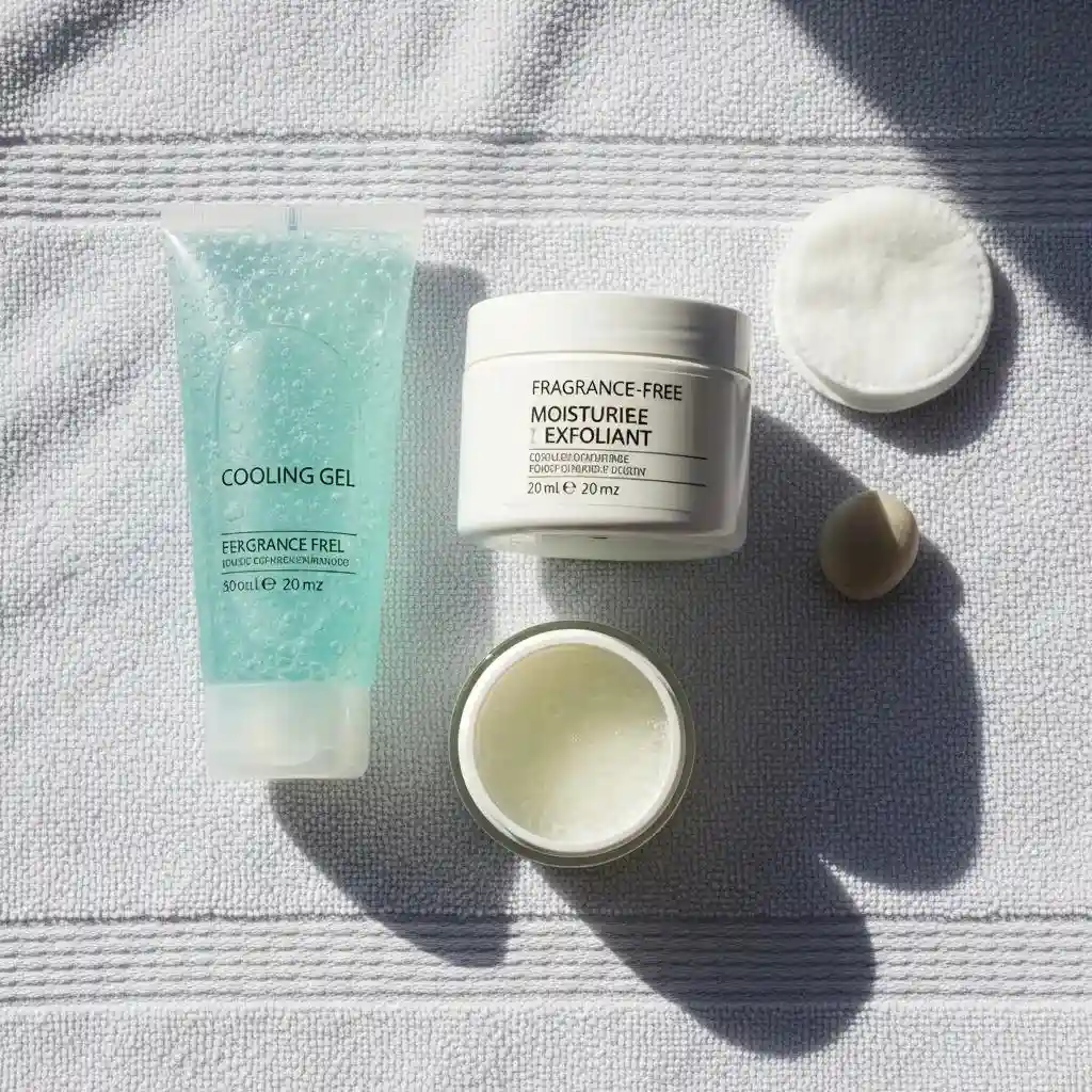 Flat lay of post-wax care products including cooling gel and moisturizer for sensitive skin after Brazilian wax