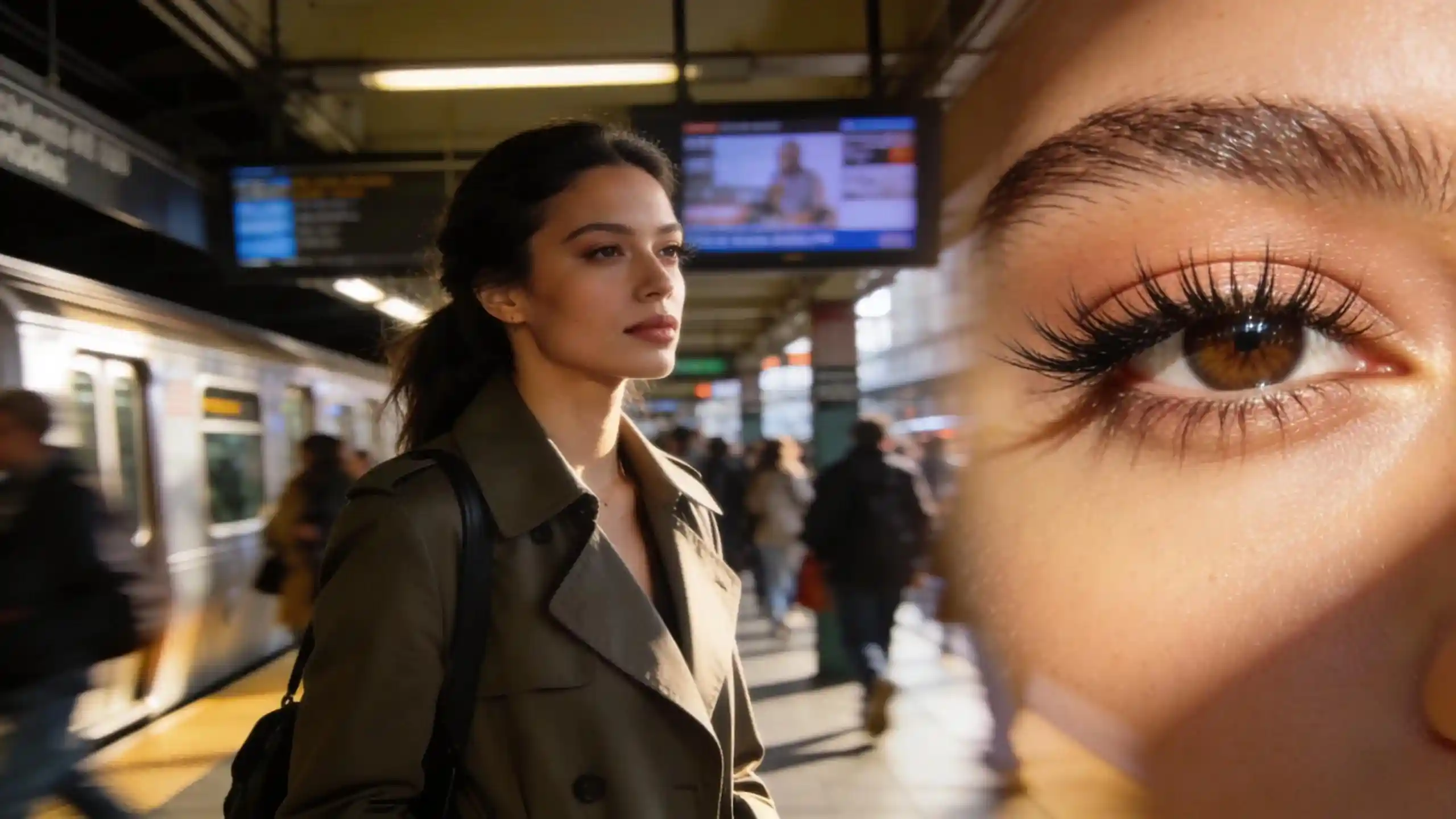 Confident NYC commuter woman with mink lash extensions, showcasing natural beauty amidst a bustling urban setting