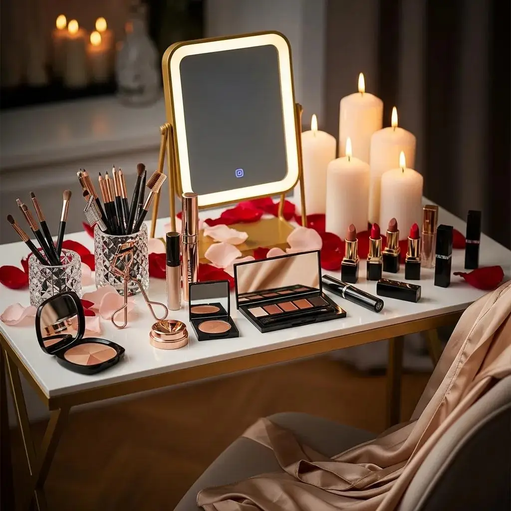 Vanity with curated beauty tools for Valentine's Day prep