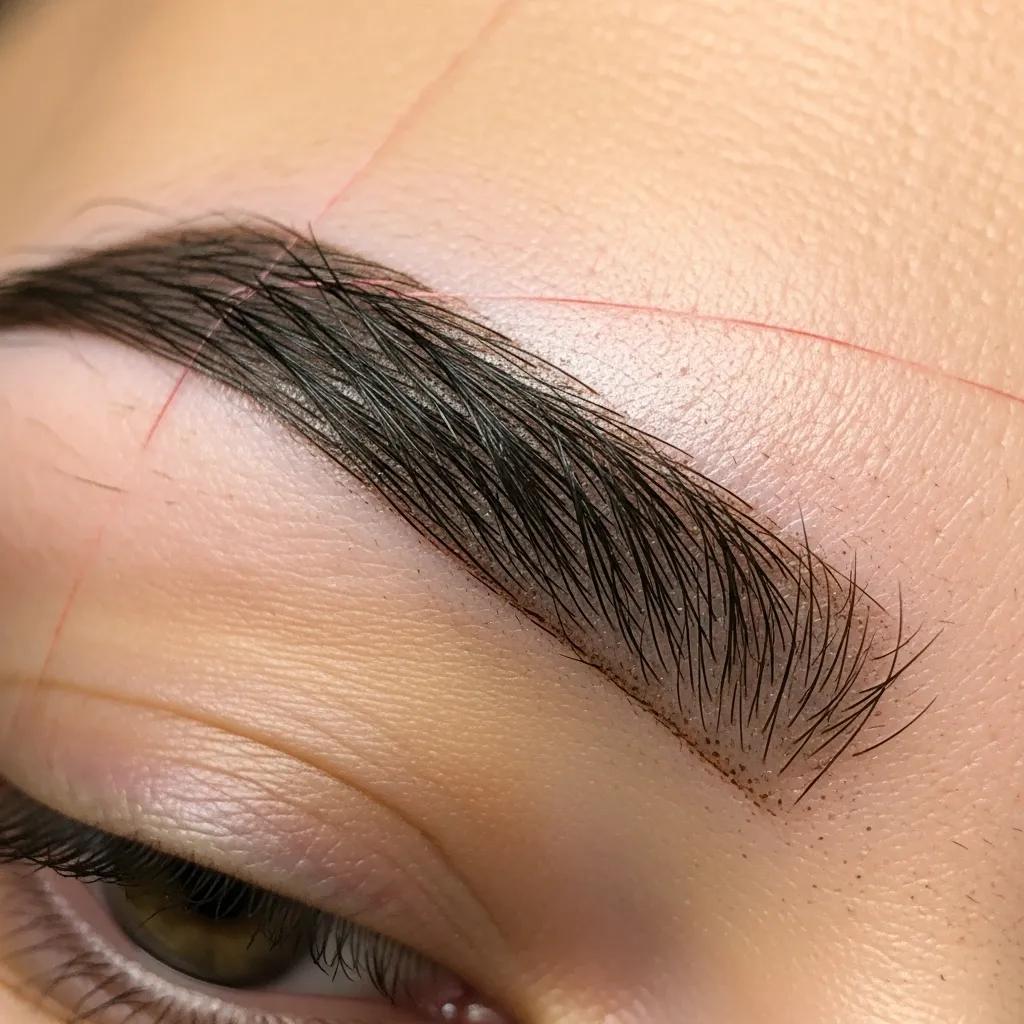 Close-up of perfectly shaped eyebrows after threading, showcasing precision and definition
