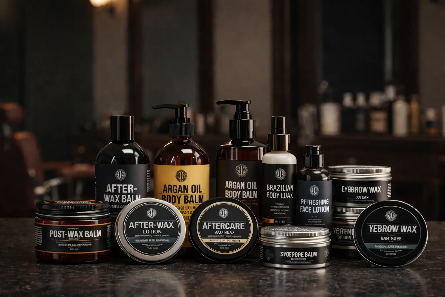 Professional men’s grooming products including balms and lotions for eyebrow and skin care
