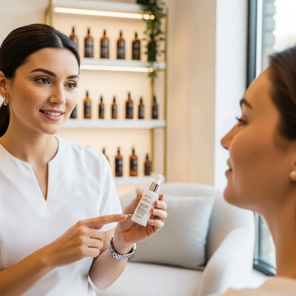 Client consultation with esthetician discussing facial preparation steps