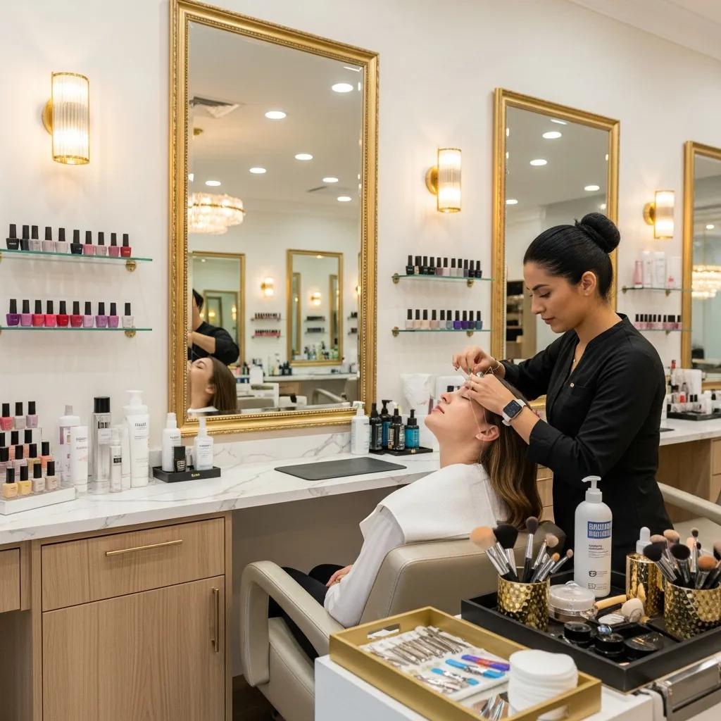 Close-up of a woman with perfectly shaped eyebrows and lifted lashes, showcasing the results of professional threading and lash lift services in a modern salon setting