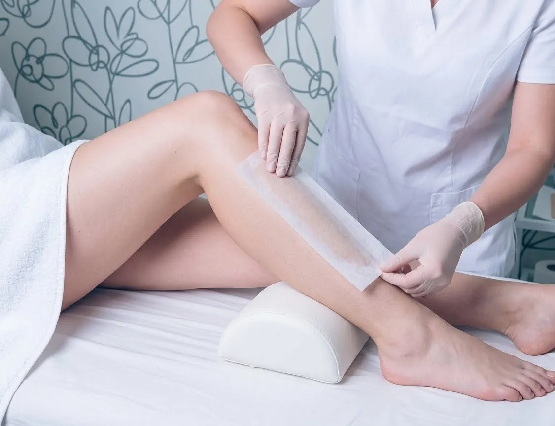 Skilled waxing specialist reviewing client skin condition during a pre-wax consultation in FiDi