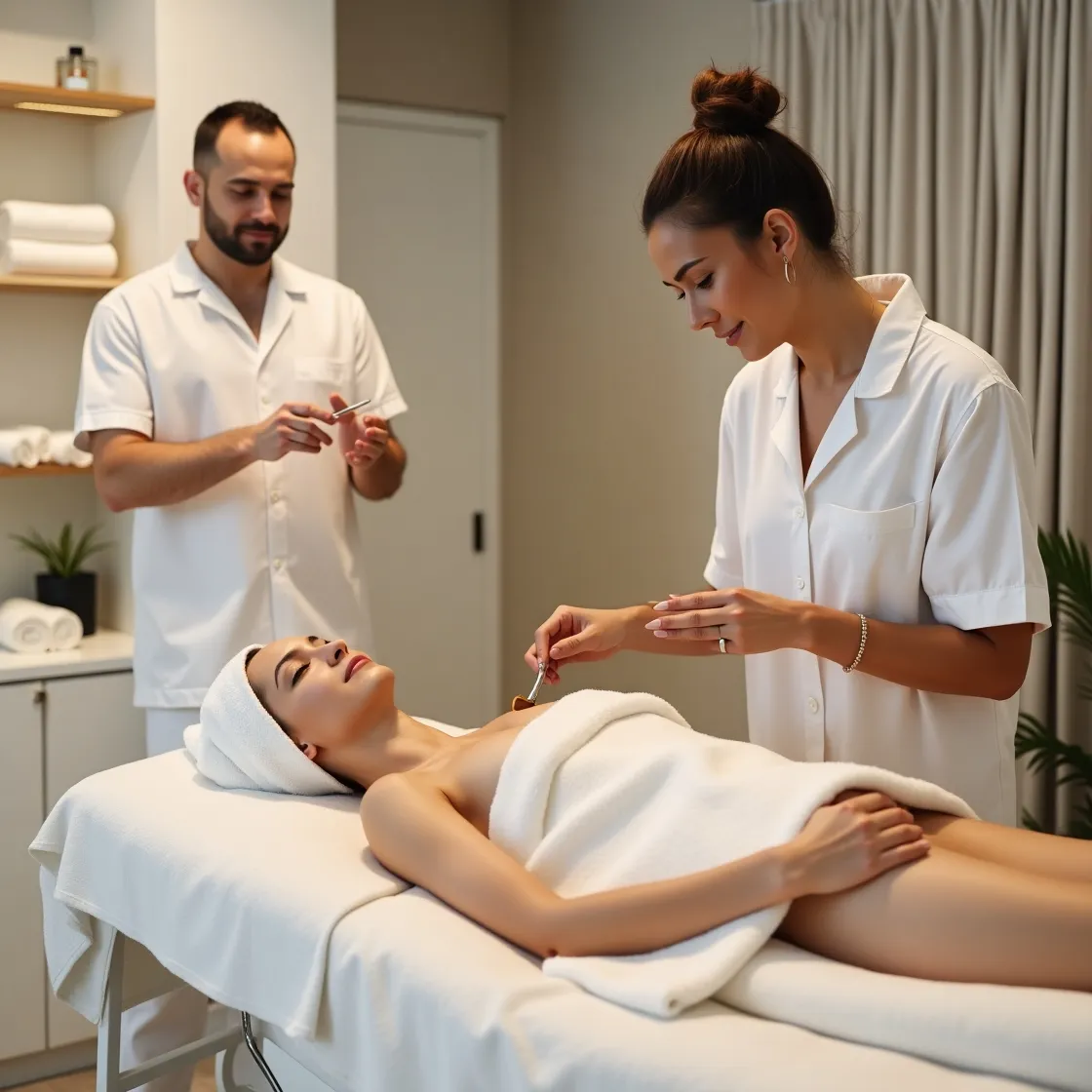 A woman receiving a leg waxing service.